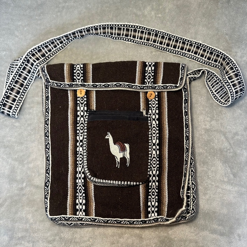 Peruvian Woven Llama Alpaca Crossbody Messenger Bag Brown Southwestern Boho - Picture 1 of 9